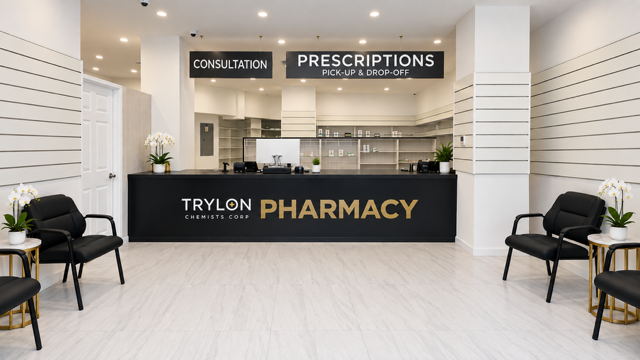 Prescription counter inside Trylon Chemists Pharmacy